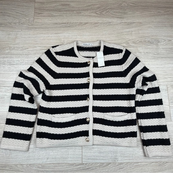 Abercrombie & Fitch Women Sz L Striped Textured Cardigan Cream Black Gold‎ New - Picture 2 of 7